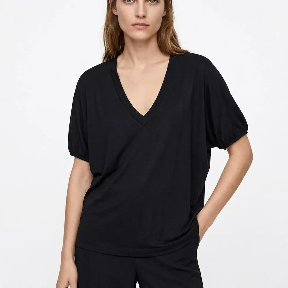 Zara Womens Black V-Neck Dolman Sleeve Lightweight Top | Size S